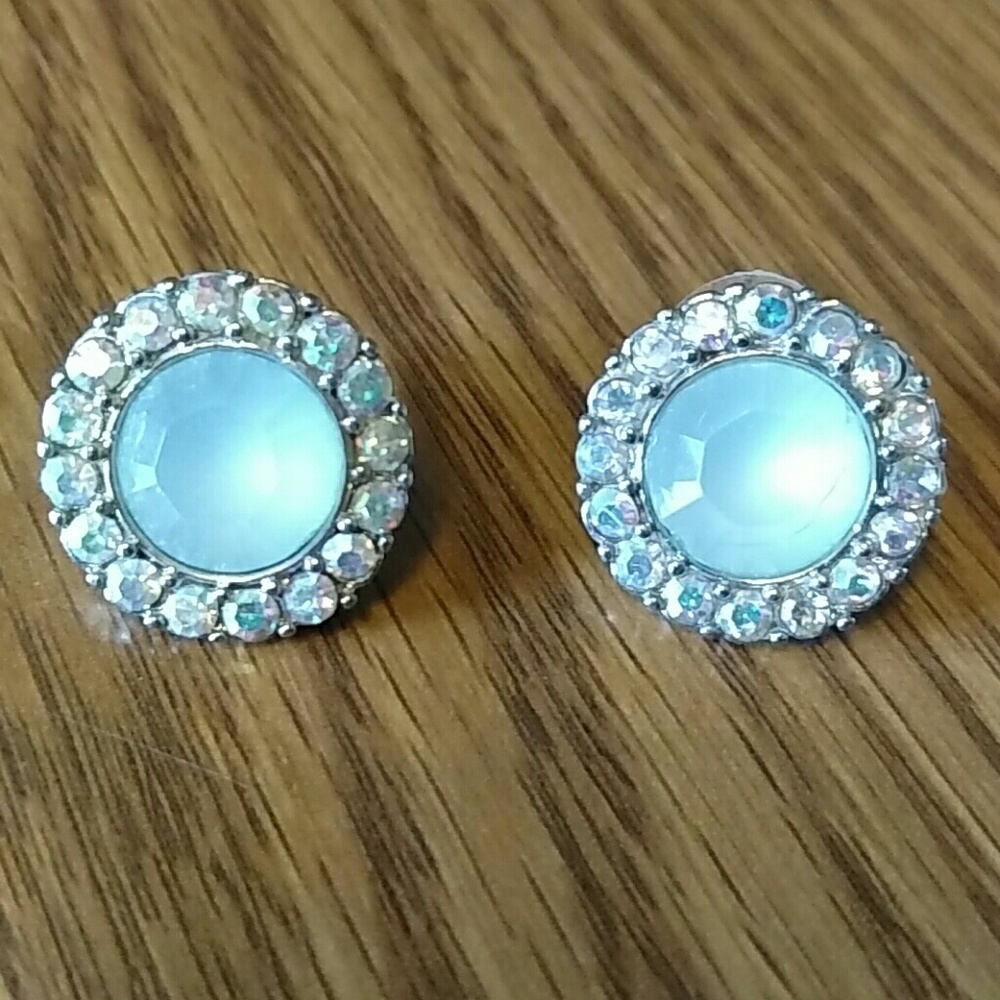 Mint earrings with irridescent jewels surrounding